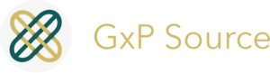 Diagonally intersecting gold and green over shapes with lines through them. This is the GxP Source logo. This also says GxP Source next to it in gold